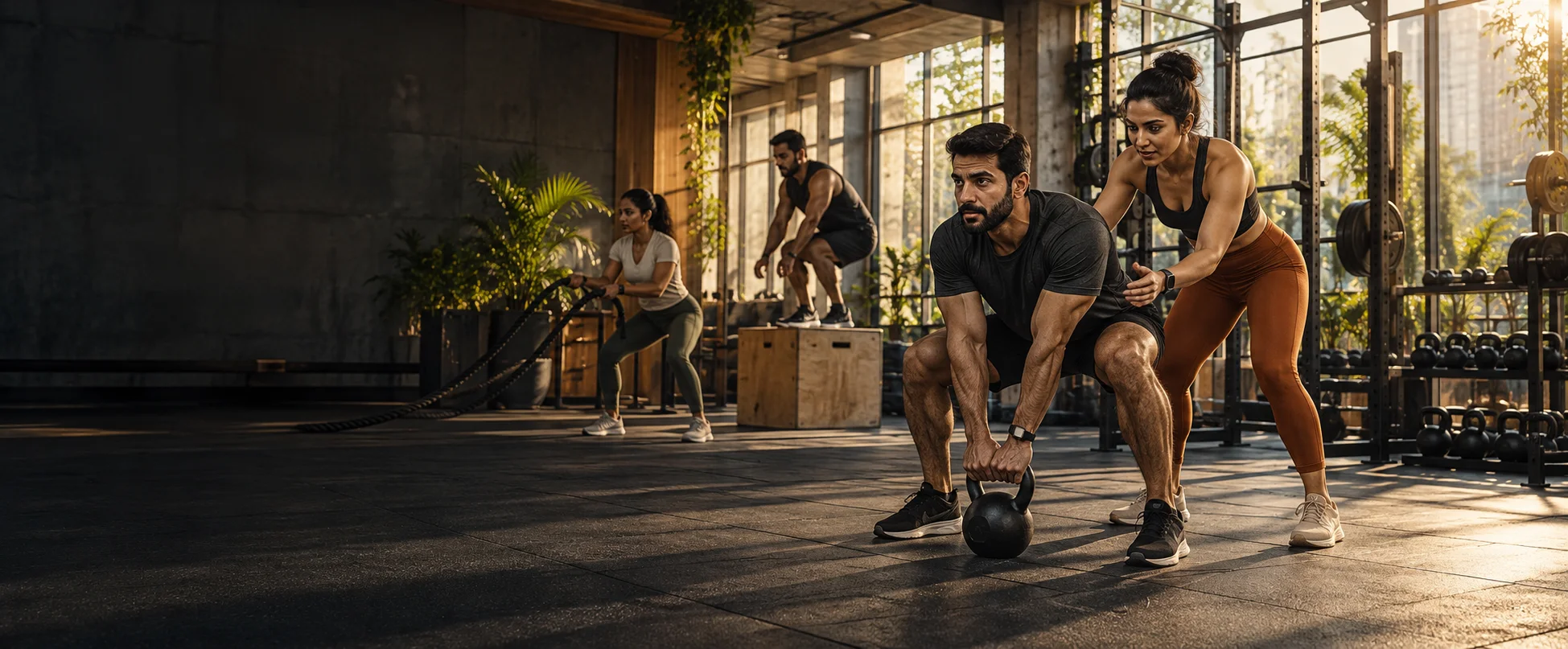 A Chase21 fitness coach guiding a client in a contemporary studio