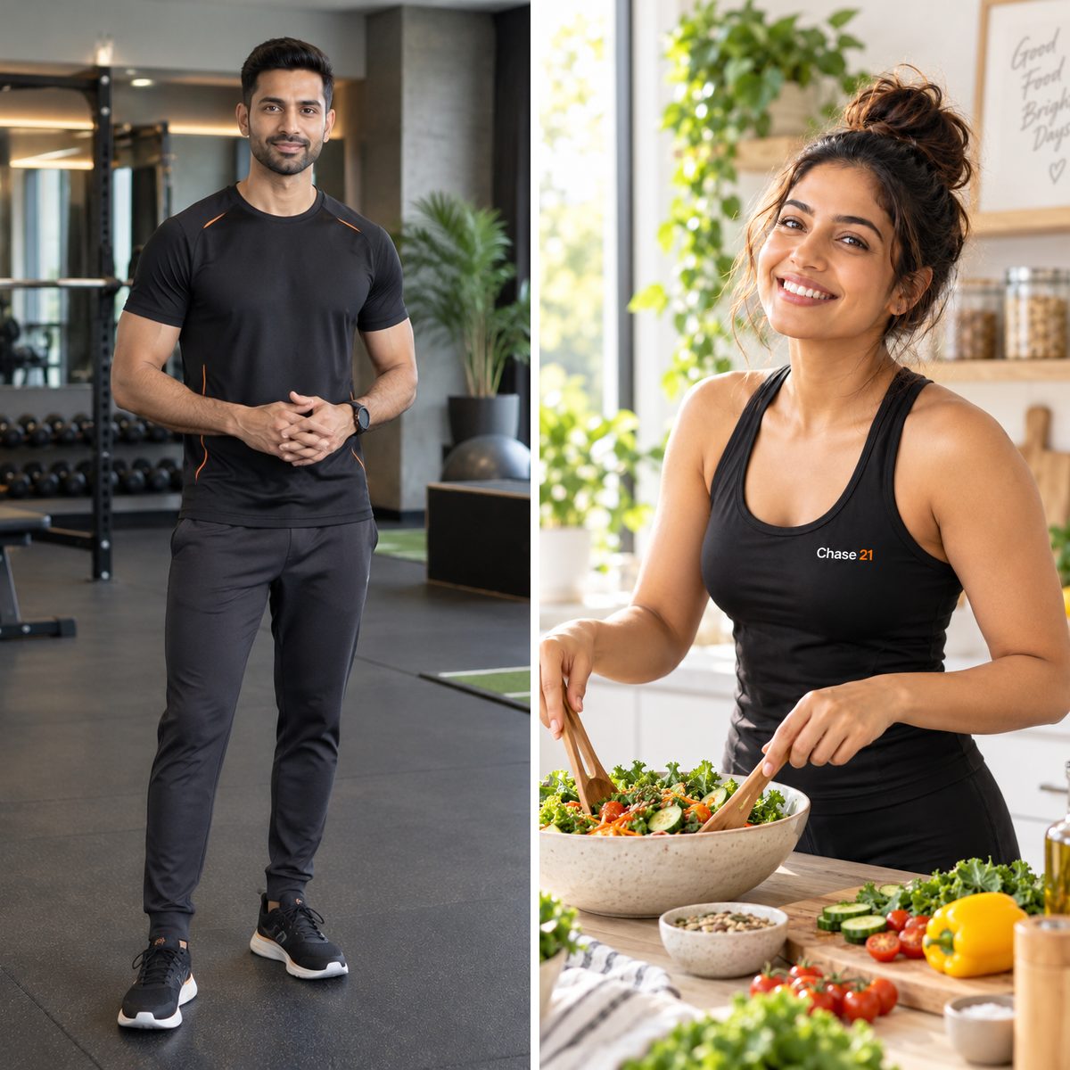 A Chase 21 fitness coach in the gym and a nutritionist preparing a healthy salad